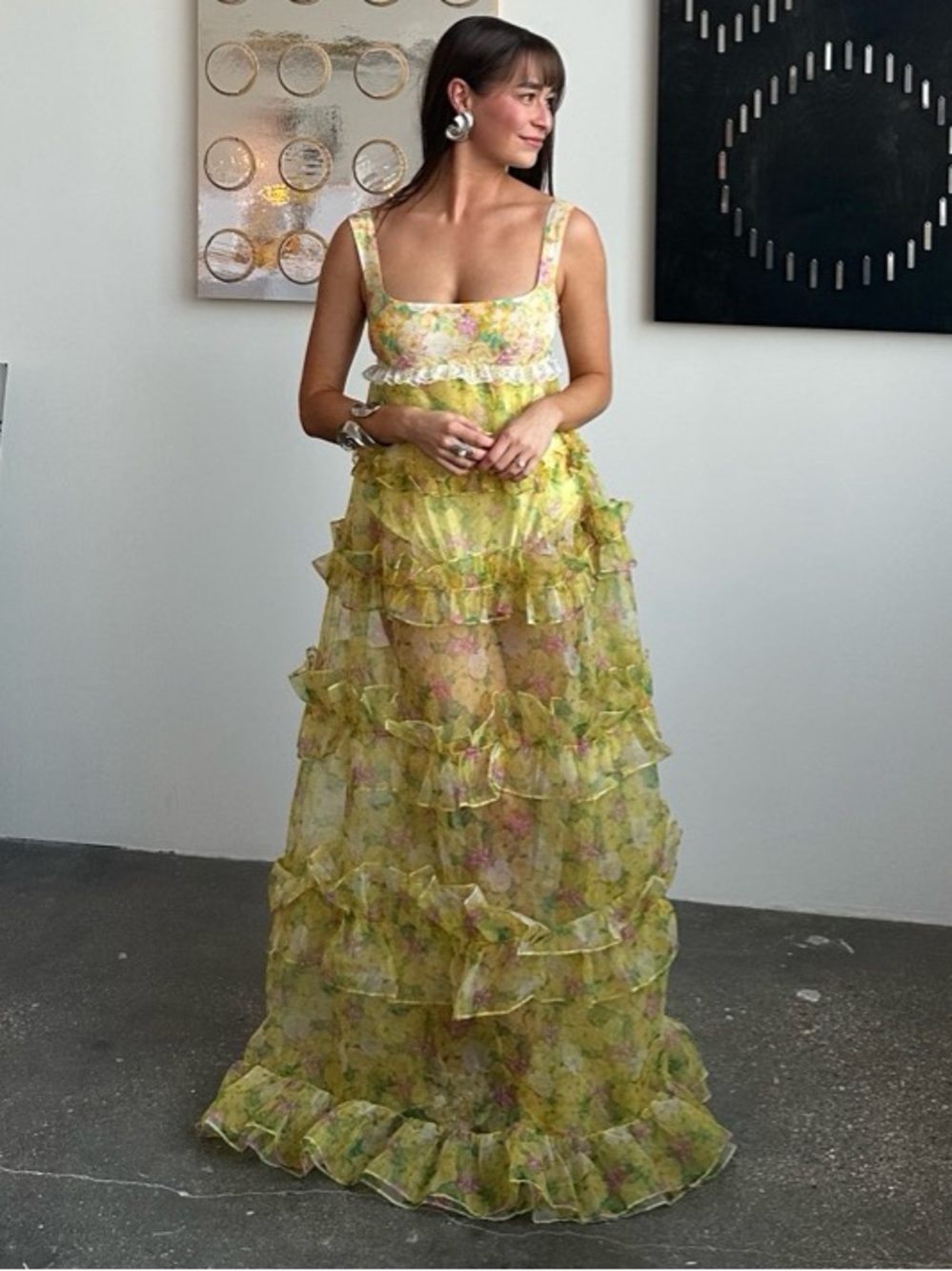 For Love & Lemons Vikki Sheer Tiered Floral Dress in Yellow XS